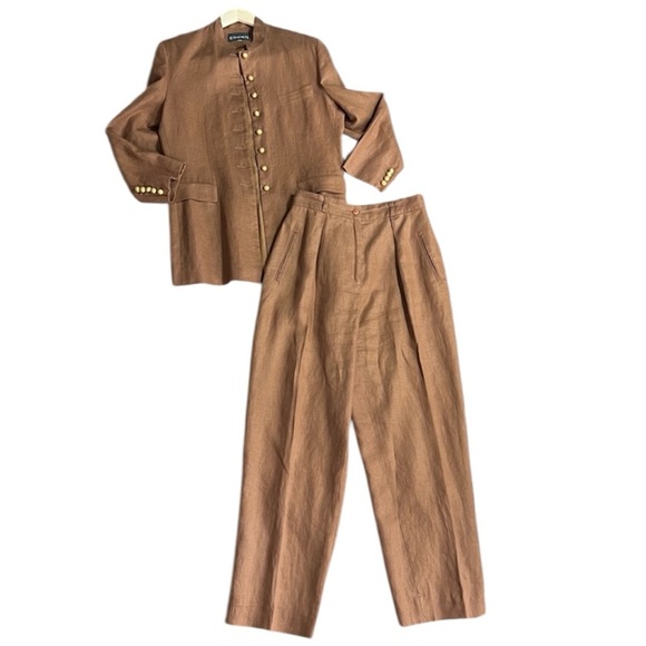 Vintage Linen Brown Gold Hardware Emblem Suit Blazer‎ and Slacks - Picture 1 of 16
